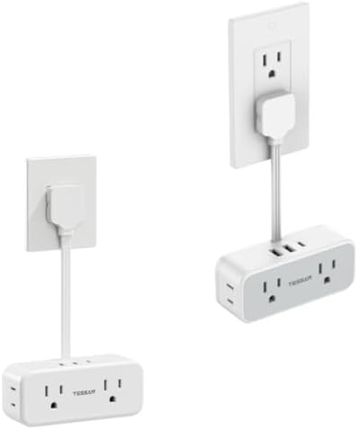 Short Extension Cord 6 inch, TESSAN Thin Flat Plug Power Strip with 4 AC Outlets 3 USB (1 USB C) Ports, Silm Charging Station Desk Organizers for Home Bedroom Hotel Office Desktop Accessories