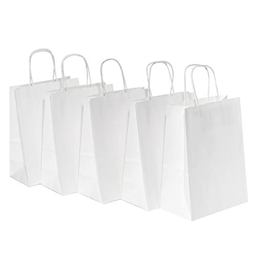 RACETOP White Paper Bags with Handles Bulk 8"x4.5"x10.8" 50Pcs Gift Bags Medium Size, White Gift Bags with Handles, Gift Bags Bulk, Retail Bags, Party Bags, Shopping Bags, Merchandise Bags
