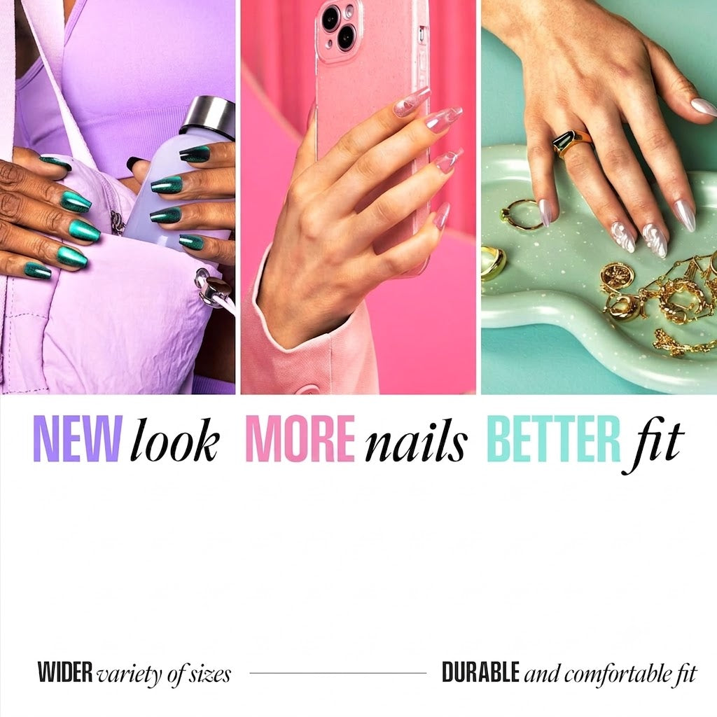 Core, Press On Nails, Nail glue included, 'Full of Fun', Black, Medium Size, Almond Shape, Includes 32 Nails, 2g Glue, 1 Manicure Stick, 1 Mini File