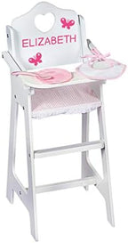 Badger Basket Wooden Doll High Chair with Feeding Tray, Bib, Personalization Kit, and Accessories - Fits 18-Inch Dolls, White with Pink Gingham Seat for Pretend Play