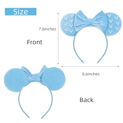 WOVOWOVO Mouse Ears Headbands for Women Blue Bow Pearl Hairbands Velvet Headband Hair Accessories