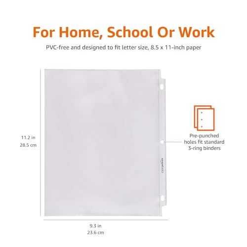 Amazon Basics Clear Sheet Protectors for 3 Ring Binder, 8.5 x 11 Inch,Polypropylene, 100-Pack
