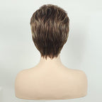 TISHINING Pixie Cut Short Brown Wigs for Women Dark Brown Mixed Blonde Layered Short Hair Wig with Bangs Natural Looking Daily Party Synthetic Hair Replacement Wig