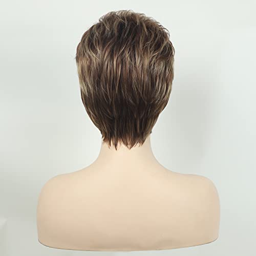 TISHINING Pixie Cut Short Brown Wigs for Women Dark Brown Mixed Blonde Layered Short Hair Wig with Bangs Natural Looking Daily Party Synthetic Hair Replacement Wig