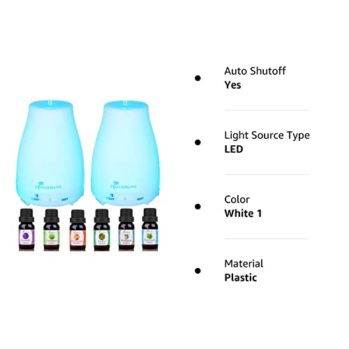 Diffuserlove 2 Pack 200ml Essential Oil Diffuser Ultrasonic Aromatherapy Diffuser with Waterless Auto Shut-Off Aroma Cool Mist Humidifiers with 6 Bottles of Natural Essential Oils /7 Color LED Lights