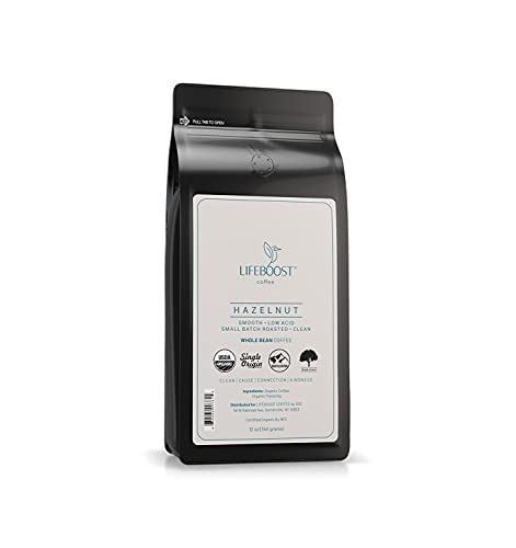 Lifeboost Coffee Whole Bean Hazelnut Coffee - Low Acid Single Origin Non-GMO Organic Coffee Beans - Third Party Tested For Mycotoxins & Pesticides - 12 Ounces