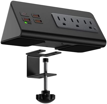 Upgraded,Desk Edge Clamp Mount Power Strips with USB Ports, PD20 W Fast Charging USB-C Port and 3 AC Outlets, Nightstand Charging Station,Office Tabletop Accessories,5.6 Ft Extension Cord