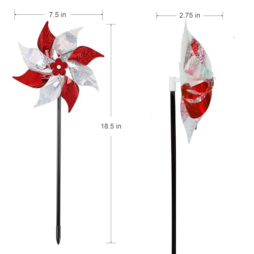 Hausse 10 Pack Reflective Pinwheels, Extra Sparkly Wind Sculptures for Garden Christmas Holiday Winter Decor, Bird Devices Deterrent to Scare Birds Away from Yard Patio Farm, Red & Silver