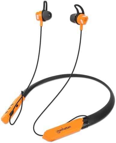 MANHATTAN Bluetooth Wireless Neckband Headphones — Work Earbud Earphones with 15H Playtime, Noise-Isolating, IPX4 Water Resistant, Built-in Mic – for Work, Music, Calls – 3 Yr Mfg Warranty -179829