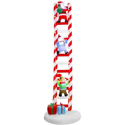 Joliyoou 10FT Christmas Inflatable Decorations, Giant Lighted Ladder Blowups Climbed with Reindeer, Santa, Snowman, C7 String Lights for Xmas Winter Holiday Roofs Trees Balconies Decor