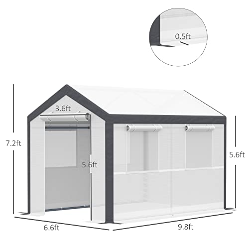 Outsunny 10' L x 7' W x 7' H Outdoor Walk-in Tunnel Greenhouse, Garden Warm Hot House with Roll Up Windows, Zippered Door, and Weather Cover, White/Dark Grey