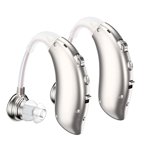 F&Kcoptee Hearing Aids for Seniors Rechargeable with Noise Canceling - Hearing Amplifiers for Adults with Severe Hearing Loss - 2 Ear Amplifier Over The Counter Hearing Aid with Volume Control - Silver