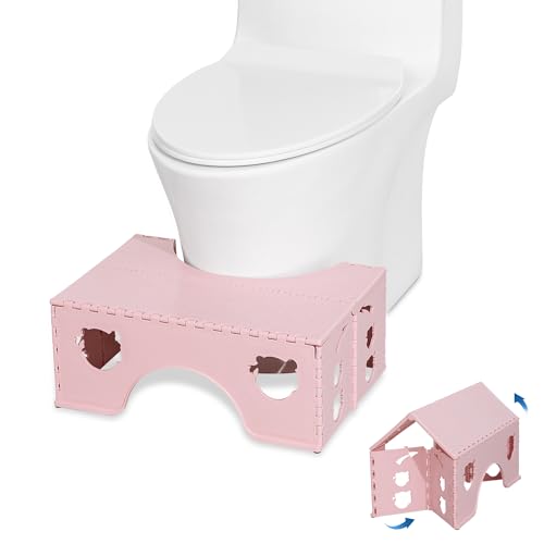 7inches Foldable Toilet Stool (Pink), Healthy Bathroom Squatting Posture Poop Stool with Anti-Slip Feet, A Good Helper to Effective Relief of Constipation, Easy to Storage Toilet Squat Stool