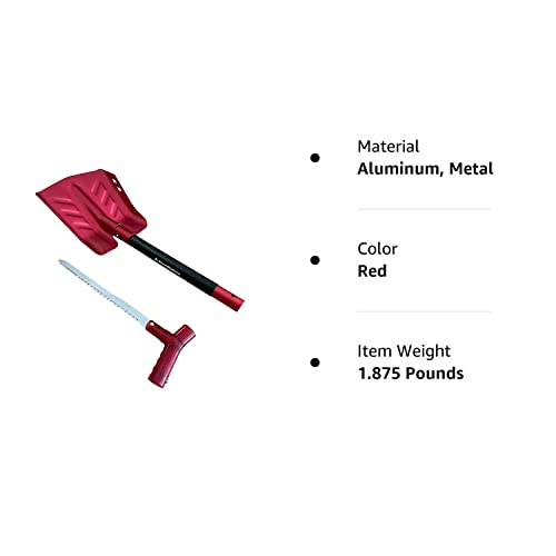 SnowBigDeal Emergency Snow Shovel with Saw - Converts from Dig to Chop/Hoe Mode Portable for Snowmobiles, Skiing, Backcountry, Avalanche Rescue Winter Survival Gear Car, Camping T6 Aluminum, Red