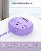 Purple Extension Cord - 10 FT Flat Extension Cord, 1625W Cute Extension Cord with 3 AC Outlet 4 USB (24W/4.8A), Compact for Cute Purple Kawaii Lavender Desk Accessories