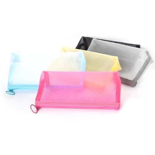 Patu Zipper Mesh Bags, Widened Pencil Case, 5 Pieces, Beauty Makeup Cosmetic Accessories Organizer, Travel Toiletry Kit Set Storage Pouch, Assorted Colors