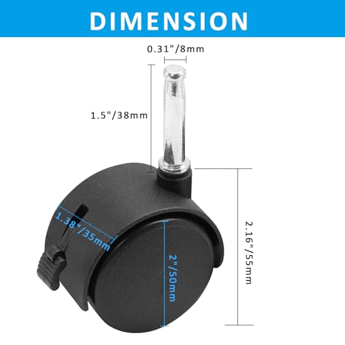 4pcs 2 Inch Swivel Caster Wheels, M8 Grip Neck Stem Caster Wheels with Brake, Heavy Duty Casters, Black Nylon Wheels Replacement for Furniture, Table, Cabinet, Shelf