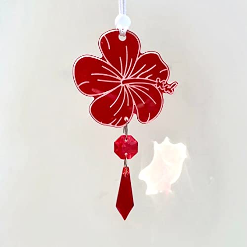 Hibiscus Hawaiian Flower Car Charm, Pink Crystal Suncatcher, Rearview Mirror Car Accessories, Cute Boho Interior Decor, New Car Gift For Her (Flower - Red, Crystal - Purple)