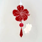 Hibiscus Hawaiian Flower Car Charm, Pink Crystal Suncatcher, Rearview Mirror Car Accessories, Cute Boho Interior Decor, New Car Gift For Her (Flower - Red, Crystal - Purple)