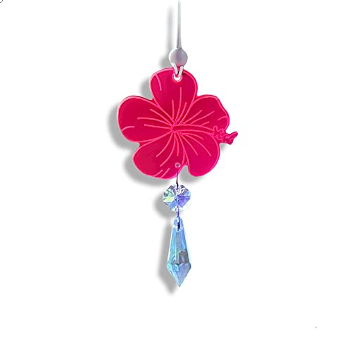 Hibiscus Hawaiian Flower Car Charm, Pink Crystal Suncatcher, Rearview Mirror Car Accessories, Cute Boho Interior Decor, New Car Gift For Her (Flower - Red, Crystal - Purple)