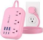 6 USB(3 USB C) Pink Power Strip- 5Ft Pink Extension Cord with 6 USB Charging Station 24W/4.8A and 3 Outlets, Pink Desk Accessories for Cruise Travel Pink Cute Kawaii College Dorm Desk Home Essentials