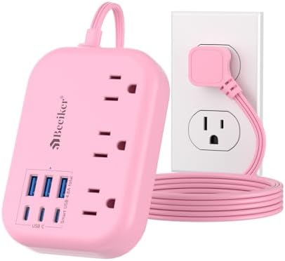 6 USB(3 USB C) Pink Power Strip- 5Ft Pink Extension Cord with 6 USB Charging Station 24W/4.8A and 3 Outlets, Pink Desk Accessories for Cruise Travel Pink Cute Kawaii College Dorm Desk Home Essentials