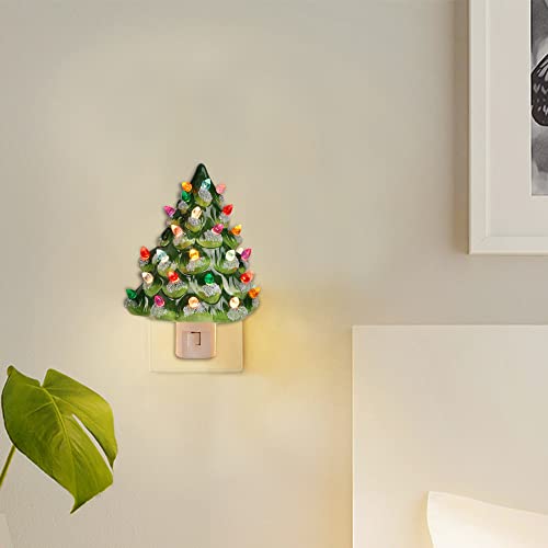 Blissun Set of 2 Ceramic Christmas Tree Night Light, 6" Christmas Decorative Ceramic Tree
