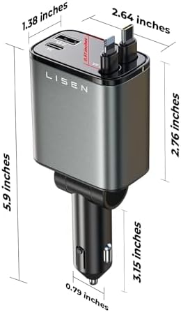 LISEN Retractable Car Charger [69W USB C Car Adapter] for iPhone 16 Car Charger Fast Charging, Valentines Day Gifts for him her Women Men, Car Accessories USBC Car Charger for iPhone 16 15 14 13, Gray