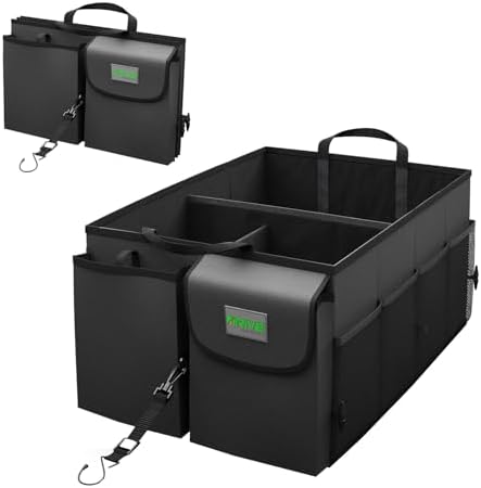 Drive Auto Car Trunk Organizer - Collapsible, Multi-Compartment Automotive SUV Car Organizer for Storage w/Adjustable Straps - Truck & Car Accessories for Women and Men - Black