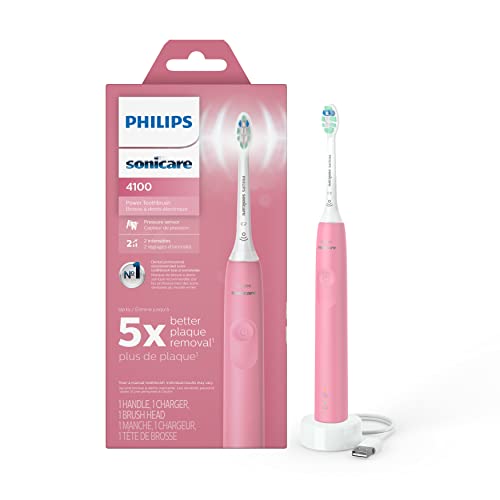 Philips Sonicare 4100 Electric Rechargeable Power Toothbrush, Pink, with Genuine Philips Sonicare Optimal Plaque Control Replacement Toothbrush Heads, White, 3 Pack