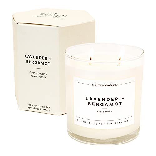Calyan Wax Scented Candle, Lavender & Bergamot Candle for The Home Scented with Cedar & Citrus, Soy Wax Aromatherapy Candle in Glass Jar with 37 Hour Burn Time, Non Toxic Scented Candles Gifts