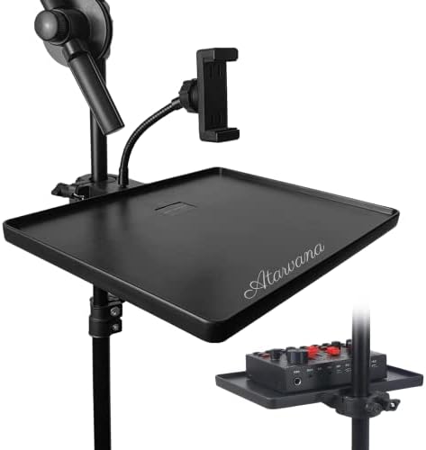 Universal Microphone Stand Tray with Phone Holder, Mic Stand Clamp-On Utility Shelf Rack Tray Holder for Music Sheet, Live Streaming, Live Broadcast, Karaoke, Recording, Music Stand Accessories
