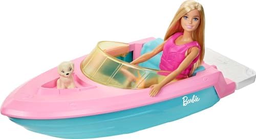 Barbie Doll & Toy Boat Playset with Pet Puppy, Life Vest & Beverage Accessories, Fits 3 Dolls & Floats in Water