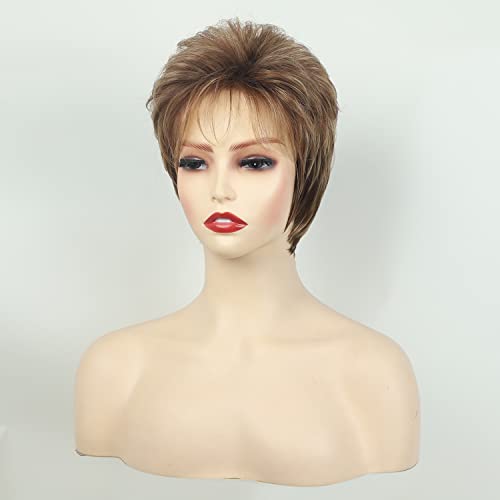 TISHINING Pixie Cut Short Brown Wigs for Women Dark Brown Mixed Blonde Layered Short Hair Wig with Bangs Natural Looking Daily Party Synthetic Hair Replacement Wig
