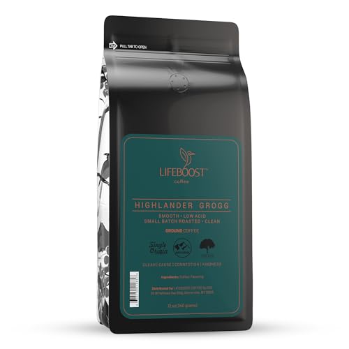 Lifeboost Highlander Grogg Coffee Ground - Low Acid Single Origin USDA Organic Coffee - Non-GMO Highlander Grogg Ground Coffee Third Party Tested For Mycotoxins & Pesticides - 12 Ounces