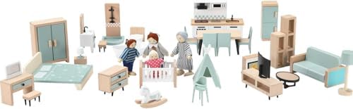 36pcs Wooden Dollhouse Furniture Set 5 Rooms with 4 Family Dolls, Wood and Plastic Blue Dollhouse Accessories, Pretend Play Furniture Toys Christmas Birthday Gift for Boys Girls & Kids Toddlers 3Y+