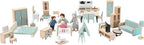 36pcs Wooden Dollhouse Furniture Set 5 Rooms with 4 Family Dolls, Wood and Plastic Blue Dollhouse Accessories, Pretend Play Furniture Toys Christmas Birthday Gift for Boys Girls & Kids Toddlers 3Y+