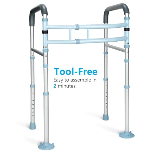 OasisSpace Stand Alone Toilet Safety Rail - Heavy Duty Medical Toilet Safety Frame for Elderly, Handicap and Disabled - Adjustable Bathroom Toilet Handrails, Width Adjustable Design, Fit Any Toilet