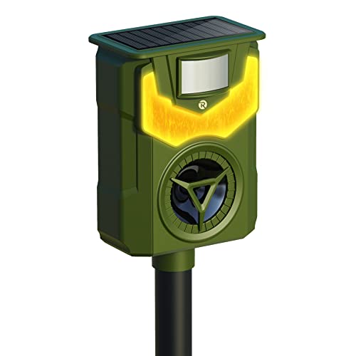 YARDefense Solar Powered Ultrasonic Animal Repeller with Flame Simulated Lighting Motion Sensor and Flame-Proof Enclosure Deters Stray Canines Foxes Raccoons Skunks Rabbits and Deer 1 Pack R33S