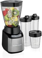 Hamilton Beach MultiBlend Smoothie Blender with 4 Shatterproof BPA Free Jars and Lids; Large 32oz Jar, 8oz Grinder for Nuts & Spices, and 2 Portable Travel Cups, 650 Watts, Black and Stainless (52400)