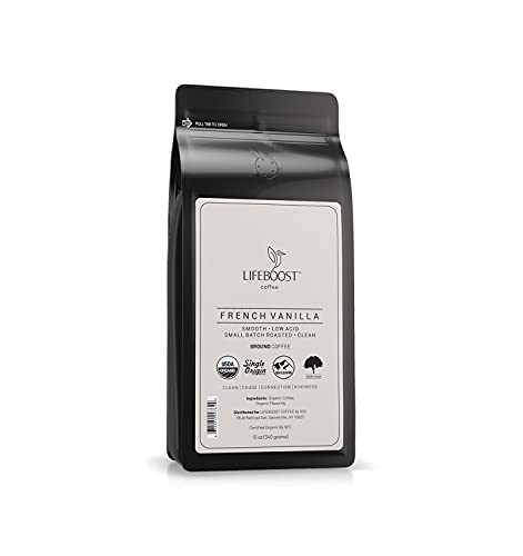 Lifeboost French Vanilla Ground Coffee - Non-GMO Low Acid Single Origin USDA Organic Coffee - Third Party Tested For Mycotoxins & Pesticides - 12 Ounces