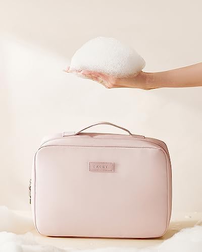 EACHY Travel Toiletry Bag with Hanging Hook, Portable Makeup Cosmetic Bags for Women, Water-Resistant Full-Size Travel Accessories (Pink)