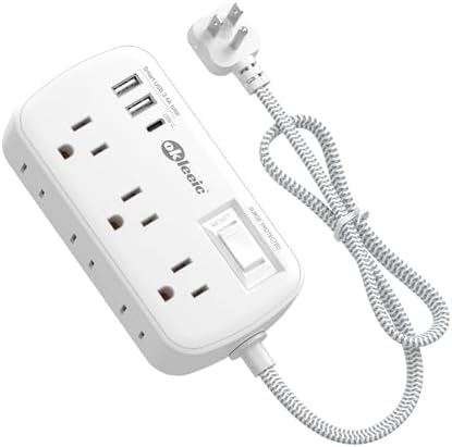 Short Extension Cord 3ft - Small Power Strip Flat Plug Surge Protetor with 6 Outlets 3 USB (3.4A/17W) Charging Ports, Multi Plug Wall Outlet Splitter for Home Bedroom Hotel Office Desktop Accessories