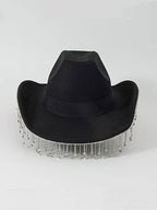 QWINEE Western Cowboy Hat Cowboy Hat with Rhinestone Tassel Decor Halloween Cow Fedora Hat Costume Accessories for Women Men Black one-size