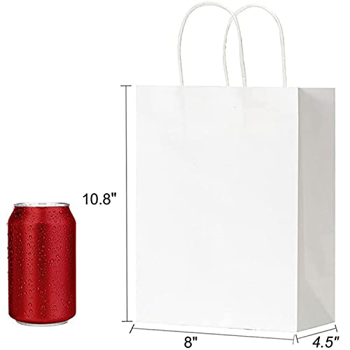 RACETOP White Paper Bags with Handles Bulk 8"x4.5"x10.8" 50Pcs Gift Bags Medium Size, White Gift Bags with Handles, Gift Bags Bulk, Retail Bags, Party Bags, Shopping Bags, Merchandise Bags