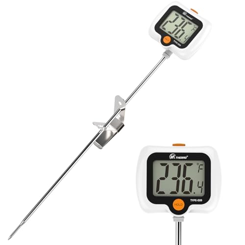 KT THERMO Digital Candy Thermometer, LCD Instant Read Food Meat Thermometer with 10" Probe and Pot Clip for Candy Making, Kitchen Accessories, Baking Tools（White）