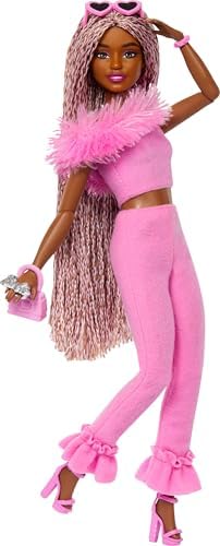 Barbie Deluxe Style Doll #4 in Barbiecore Outfit, Pink and Brown Braids, Soft Pink Top and Pant Set with Furry Collar and Fun Accessories