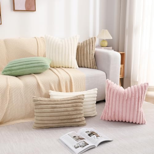 decorUhome Christmas Faux Fur Throw Pillow Covers 20x20 Set of 2, Decorative Soft Plush Striped Couch Pillow Covers with Velvet Back for Sofa, Bed, Living Room, Cream White