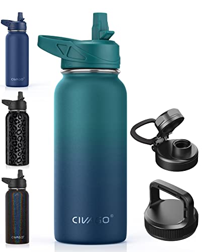 CIVAGO 32 oz Insulated Water Bottle With Straw, Stainless Steel Sports Water Cup Flask with 3 Lids (Straw, Spout and Handle Lid), Wide Mouth Travel Thermal Mug, Dark Night