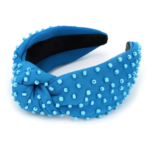 YISSION 1PC Pearl Knotted Headband for Women Non Slip Beaded Headband Wide Pearl Headbands for women Jeweled Embellished Hairband Blue Head Band Hair Accessories for Women Girls